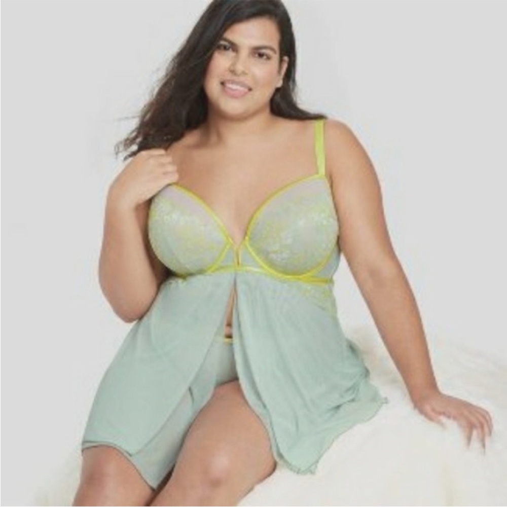 Auden 2 piece babydoll push-up sheer nightgown green yellow lace thong panty new - Picture 1 of 8